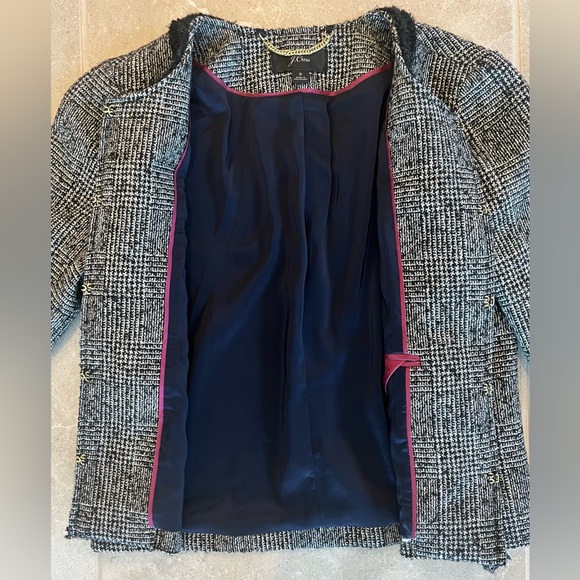 J.CREW Glen Plaid Braided Trim Tweed Jacket Blazer Black/White | Size 2 Womens - Picture 7 of 12